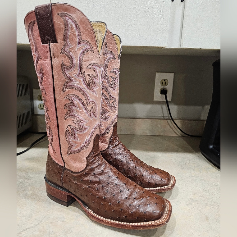 Womens 7.5 B Justin Brown FULL QUILL OSTRICH Square Toe Western Cowboy Boots